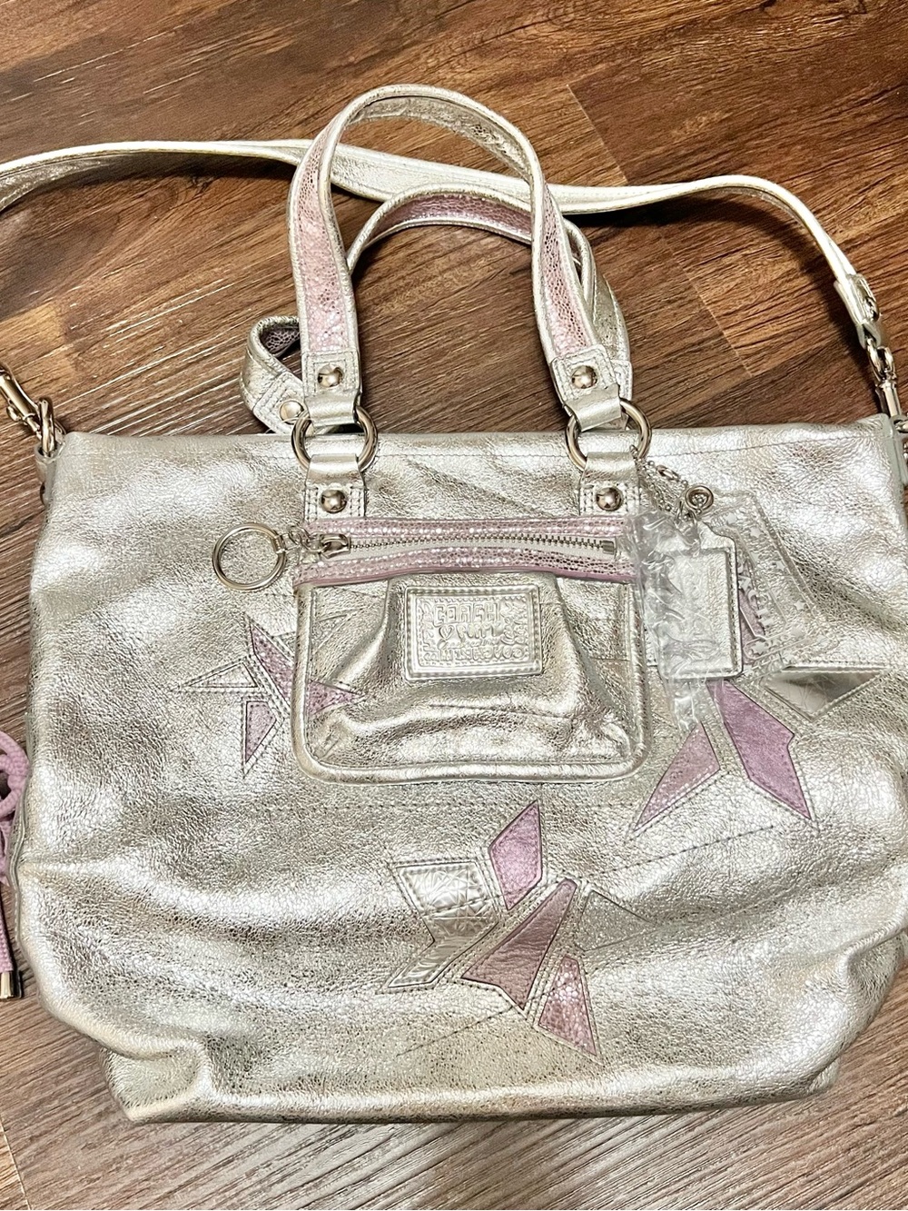 Coach Metallic Silver Satchel with Pink Star Appliqués